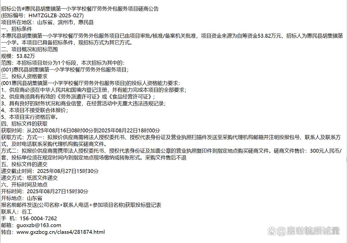 招标公告 惠民县胡集镇第一小学学校餐厅劳务外包服务项目磋商公告